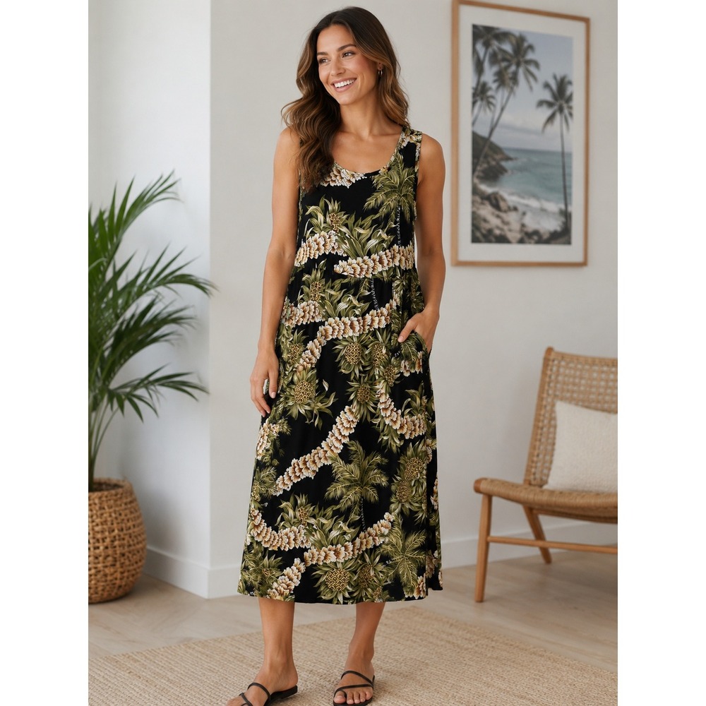 Vintage 90s Hilo Hattie Rayon Pineapple Panel Maxi Dress w/ Pocket Large Hawaii